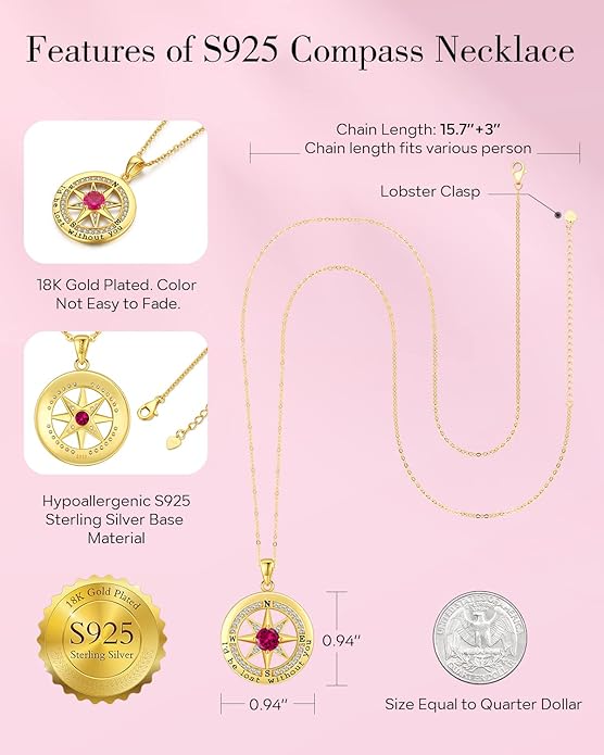 S925 Necklace Gift for Wife |Compass Jewelry |Women Anniversary |Sterling Silver |Girlfriend Birthday Gifts for Her Valentines |I'd be Lost without You |Jewel 18K Gold - Bloomnest