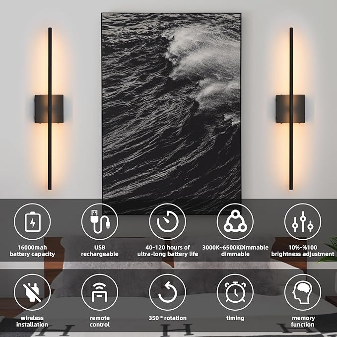 Battery Operated Wall Sconces set of 2, 16000mAh Black Rechargeable Wall Sconce with Remote Control, 3000K-6000K Dimmable LED Wireless Wall Light for Living Room, Hallway, Bedroom, Stairs, 29 Inchs - Bloomnest
