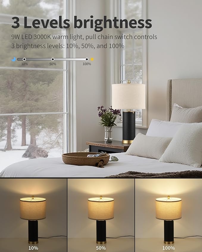 KDG 23.4" Black PU Leather Table Lamps for Living Room Set of 2, 3 Level Brightness LED Modern Home Decor Fabric Lampshade Desk Lamp Lighitng for Bedroom, Bedside, Farmhouse, Nightstand, Night Light - Bloomnest