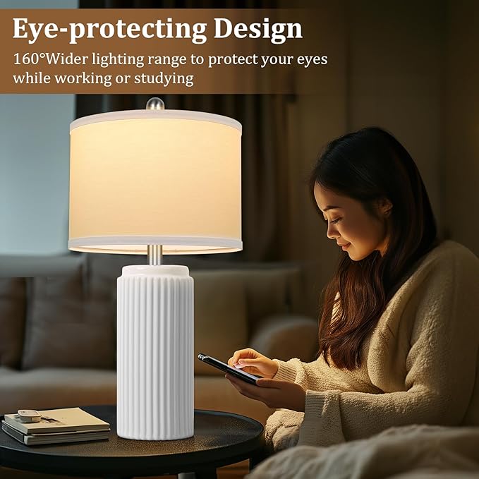 TOBUSA 23.5’’ Modern White Ceramic Lamps Set of 2, Living Room Retro Side Table Lamps, Farmhouse Bedside Nightstand White Lamps for Bedroom with Linen Shade, Elegant Decor Lamp Sets for Home Office - Bloomnest