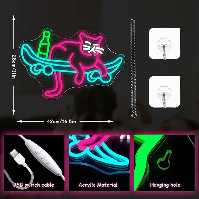 Lucunstar Skateboard Cat Neon Sign Pink Neon Signs for Wall Decor USB Connectivity Adjustable Brightness Animal Light Sign for Wall Decor Sign for Cat Lover Pet Shop - Bloomnest