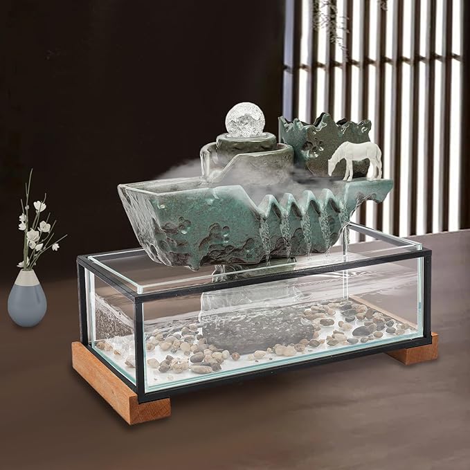 Modern Tabletop Water Fountain with LED Lights, 5.6 Gallon Fish Tank Decoration with Pump for Home Office Desk Decoration, Relaxing Desktop Waterfall Fountain with Mist Maker - Bloomnest