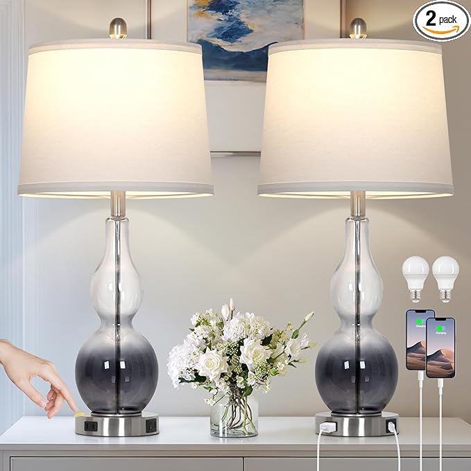 27.5" Gradual Gray Clear Glass Table Lamp Set of 2,3-Way Dimmable Touch Control Bedside Lamps with USB Ports and AC Outlet, Modern Nightstand Lamps for Bedroom Living Room - Bloomnest