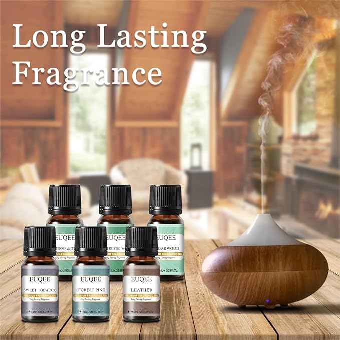EUQEE Fragrance Oils Gift Set Premium Woody Scented Oil - Forest Pine, Warm Rustic Woods, Bamboo & Teak, Cedarwood, Leather, Sweet Tobacc(Honeyed Haze), for Diffuser, Soap Making, Candle - 6x10ml EUQEE