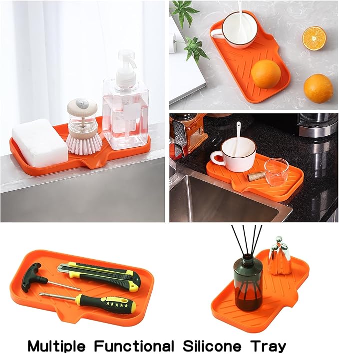 Silicone Bathroom Soap Dishes with Drain Spout-Bathroom and Kitchen Sink Organizer,Sponge Holder,Dish Soap Tray,Perfect for Dispenser,Scrubber,Bottle,Cup on Sink or Counter-Orange 9.6"×5.3" - Bloomnest