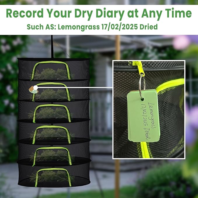 6 Layer 24" Herb Drying Rack Hanging with Garden Pruning Shears, Large Zipper, Hook & Notepad, Foldable Drying Rack for Herbs, Spices & Seasonings, Hanging Herb Dryer Indoor & Outdoor - Bloomnest