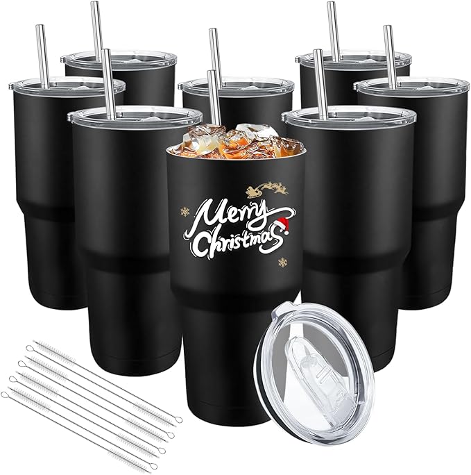 YOUKE OLA 8 Pack Insulated Tumbler with Lids and Straws Bulk Stainless Steel Double Wall Vacuum Insulated Coffee Travel Tumbler for DIY Gift (Black, 30oz) - Bloomnest