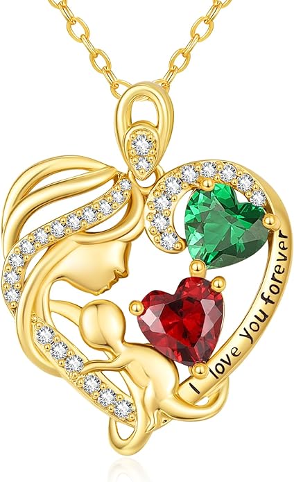 14K Gold Double Birthstone Heart Necklace for Women Mom, Mother Son/Daughter Pendant Necklace for Christmas Mother's Day Birthday Gifts for Wife Daughter Grandmom - Bloomnest