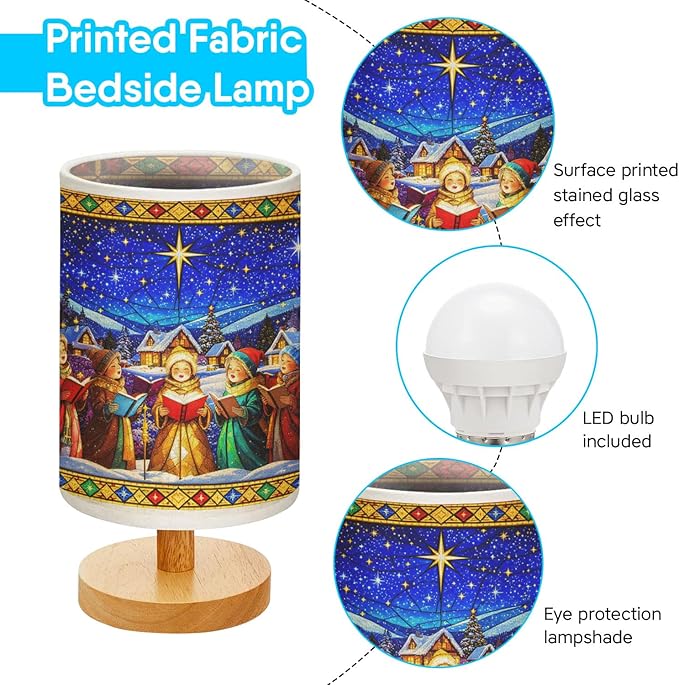Caroling Table Lamp LED 3-Color Pressed Bedside for Merry Christmas, Caroling Shade Christmas Table Lamp with Wood Base for Bedroom Living Room Desk Office - Bloomnest