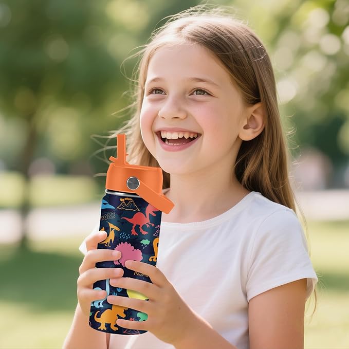 Dinosaur Gifts for Kids - 16oz Colorful Dino Water Bottle with Straw Lid, Stainless Steel Insulated Tumbler, Leakproof, BPA-Free, for Boys & Girls, School, Travel - Dino Lovers Birthday Gift Cup (1pc) - Bloomnest