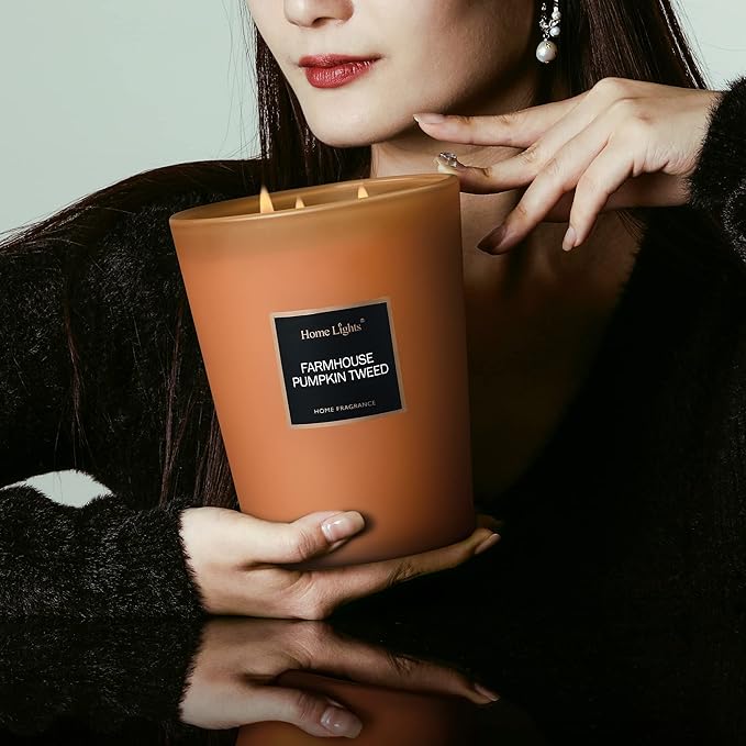 HomeLights Highly Scented Candles, Big 33.3 oz for Home, Natural Soy Aromatherapy Candles, Smokeless Long Lasting 130h with 3 Cotton Wicks, Candles Gifts for Women & Men - Farmhouse Pumpkin Tweed - Bloomnest