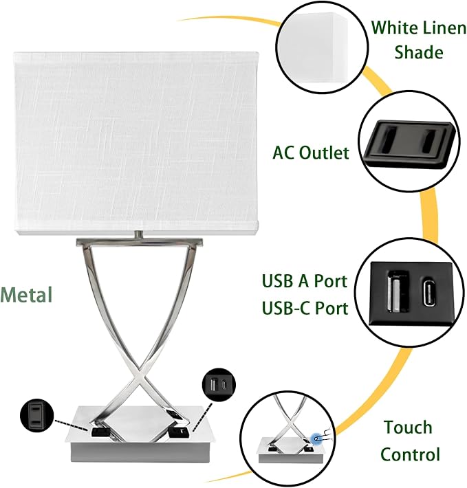 21.38" Table Lamp for Bedroom Living Room 3-Way Dimmable Touch Control Medium Chrome Bedside lamp with USB A+C Ports，Nightstand Lamp with White Linen Shade Bulb Included (White-Chrome) - Bloomnest