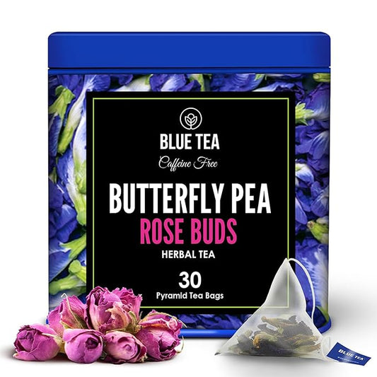 BLUE TEA - Butterfly Pea Flower Tea - Rose Buds - 30 Count - Pyramid Plant Based Tea Bag | ANTIOXIDANT RICH | Caffeine Free - Non-Bitter - Flower Based - Gluten Free - Non-GMO | Tin Packaging - Bloomnest
