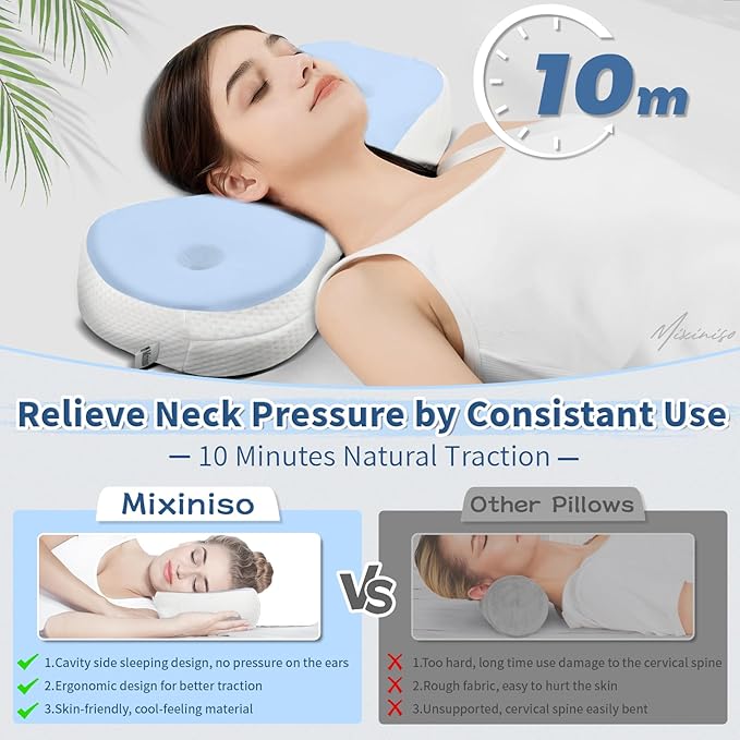 Neck Support Pillow, Small Cervical Neck Roll Pillow Memory Foam, Cervical Traction Device, Premium Neck Bolster Pillow for Side Sleepers, Camping & Travel Pillow with Portable Bag (sky blue) - Bloomnest