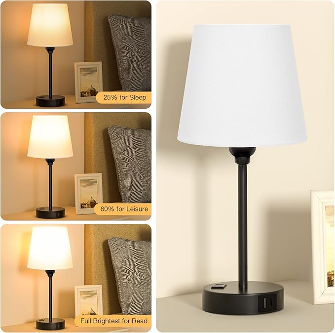 White Bedside Lamps for bedrooms Set of 2 - Nightstand Bedroom Lamp with USB C Port and AC Outlet Charging, 3 Way Dimmable Touch Control Small White Bed Side Table Lamp, Nightstand Light for Kids - Bloomnest