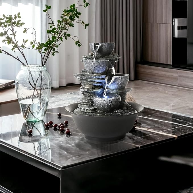 WICHEMI Indoor Water Fountain Tabletop Fountains Waterfall Fountain Indoor Water Feature Feng Shui Zen Meditation Cascading Desktop Fountains with LED Light for Home Office Indoor Decor (Style 15)