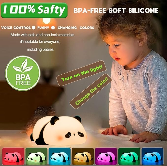 Squishy Cute Panda Night Light,Voice Controlled Light with 7 Color Modes Soft Silicone USB Charging Panda Lamp for Kids Room,Novelty Animal Night Lamp for Decor,Cool Gifts for Boys Girls - Bloomnest