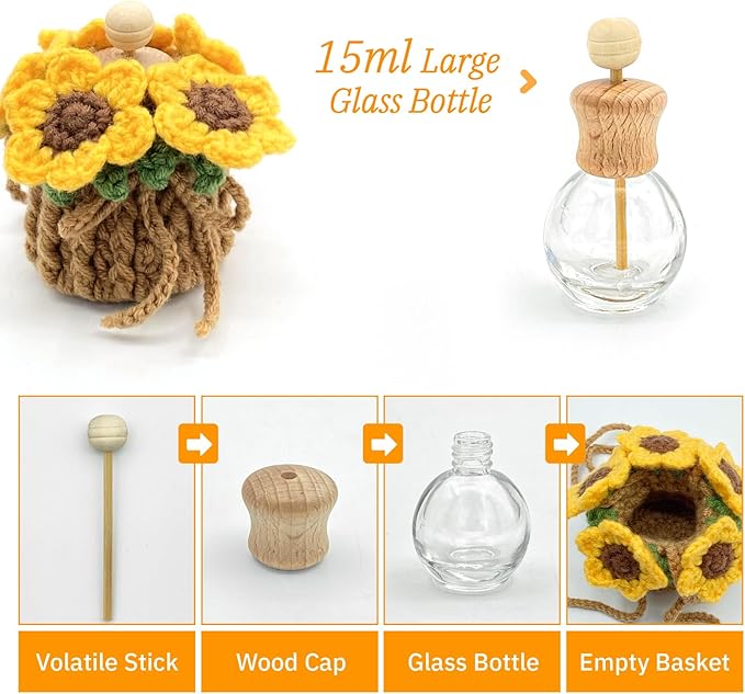 Crochet Car Air Freshener, 15ml Empty Refillable Oil Diffuser Bottle with Hanging Crochet Sunflower for Car Rearview Mirror Decor Air Freshener Diffuser for Home, and Office Decor(Sunflower) - Bloomnest