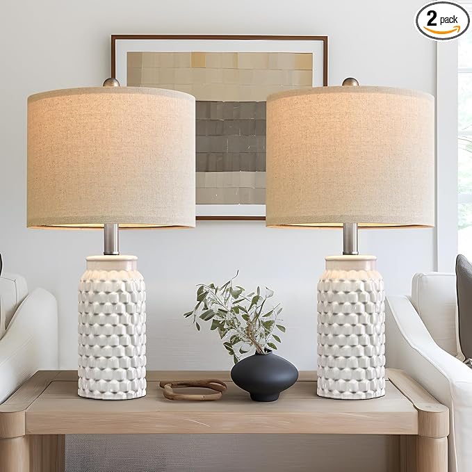 20.5" White Modern Ceramic Bedside Lamp Set of 2 for Bedroom Decor Farmhouse Table Lamp for Living Room Office Dorm - Bloomnest