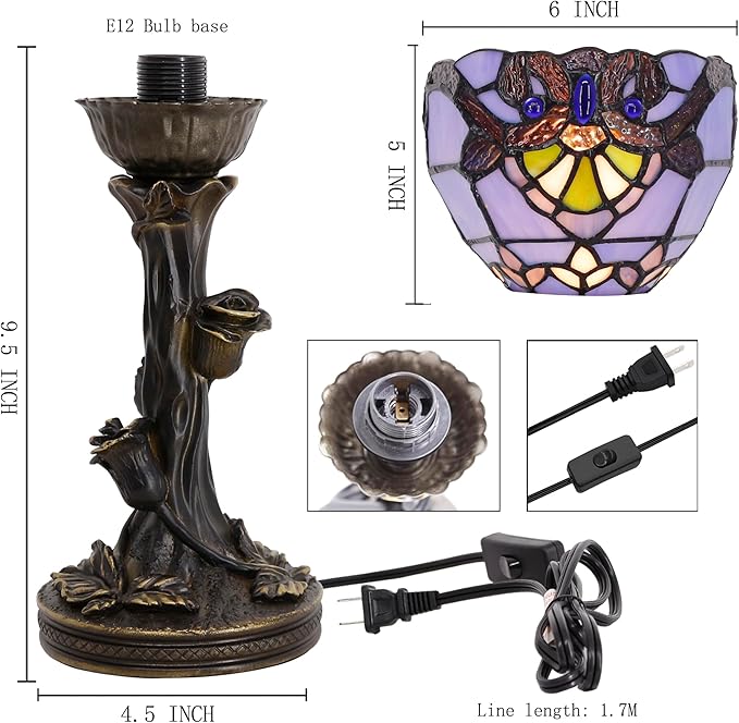 Small Tiffany Lamp Stained Glass Table Lamp Desk Uplight 6X6X13.5 Inch for Bedroom Bedside Office (Blue Baroque) - Bloomnest