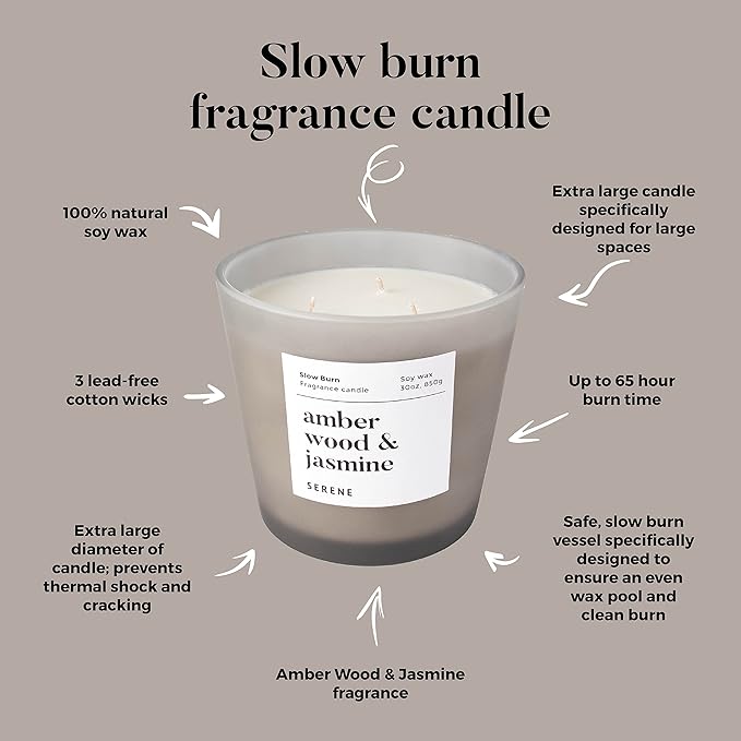 Hidden Label Large Scented Candle, Amber Wood & Jasmine, 30oz 3 Wick Huge Candle, Serene Collection Slow Burn Natural Soy Candles for Home Scented - Bloomnest
