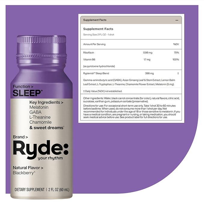Ryde: SLEEP | 2oz Sleep Shot for Occasional Use | Melatonin, GABA, L-Theanine & Chamomile | Blackberry Natural Flavor | Sugar-Free, Zero Calories, Vegan | Manufactured in USA (24 Pack) - Bloomnest