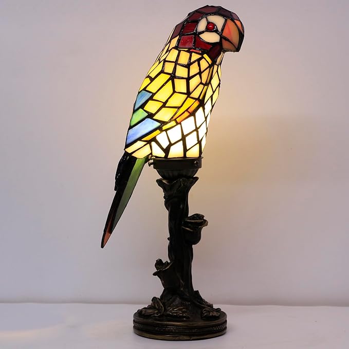 Small Tiffany Lamp Parrot Table Lamp Stained Glass Accent Lamp 15.3 Inch Tall Mini Desk Bedside Night Light for Kids Bedroom (White) - Bloomnest