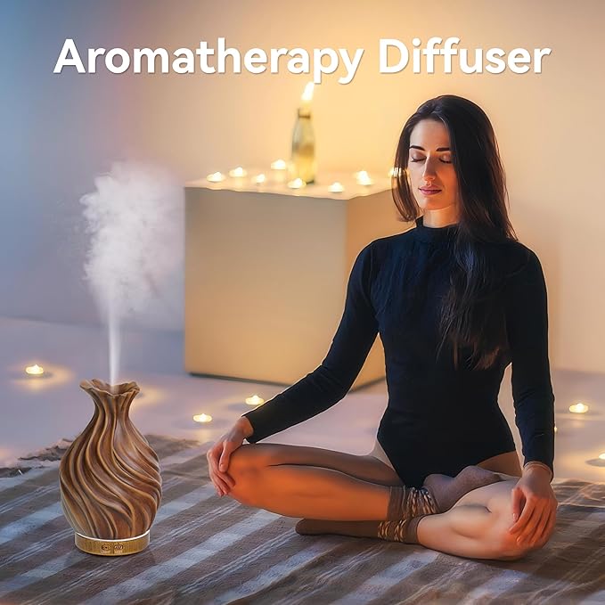 200ml Essential Oil Diffuser for Home, Wood Grain Cover Aromatherapy Diffuser, Cool Mist Humidifier with Safe Auto Shut-Off and 2 Mist Modes & 7 Color LED Night Lights for Office Room (VASE01) ZqLotXiao