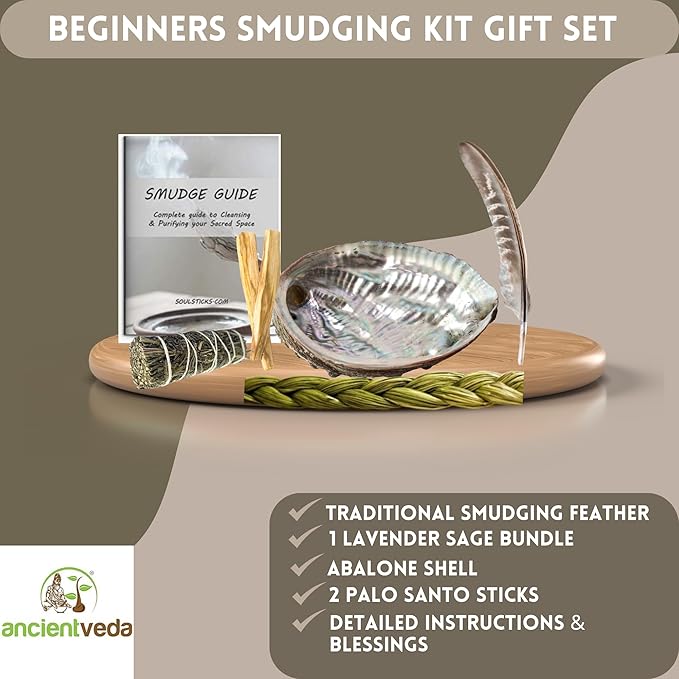 Ancient VEDA Organic Smudge Kit – Lavender, Palo Santo, Sweetgrass, Abalone Shell, Feather & Smudge Guide | Home Smudging Kit for Energy Cleansing, Meditation, Healing (Healer's Kit, Lavender Sage) AncientVeda