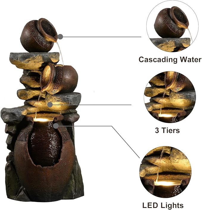 Garden Water Fountain Outdoor Decor - 38.4" 3 Tier Standing Cascading Waterfall Outdoor Water Fountain with LED Lights & Pumps,Natural Design for Garden,Patio, Porch, Backyard, Home Art Decor - Bloomnest