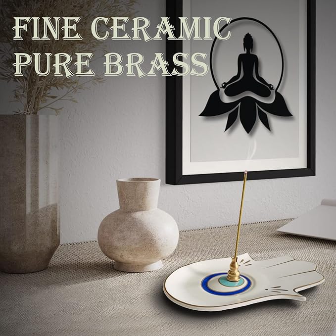 Ceramic Hamsa Hand Incense Holder - 2 in 1 Brass Incense Holder for Sticks and Coil Incense- Zen Decor with Hand of Fatima Design Protection from Evil - 6.2" L X 4.5" W (WhiteEye) - Bloomnest