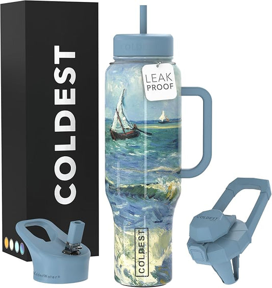 Coldest Tumbler with Handle and Straw - 100% Leak Proof Insulated Tumbler with Lid and Straw (3 Lids) - Stainless Steel Tumblers for Women & Men - Cup Holder Friendly Base, 46 oz (Seascape) - Bloomnest