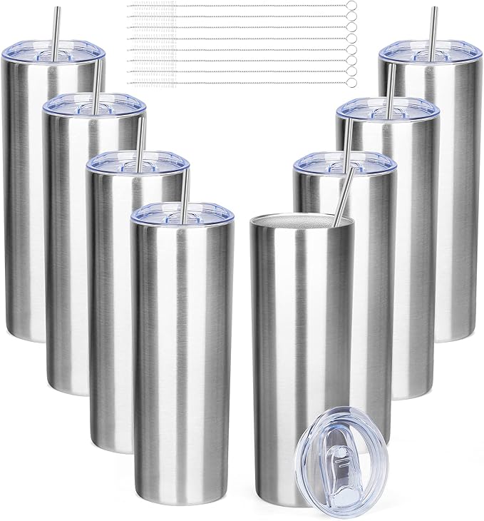 20 oz Skinny Tumblers with Lid and Straw,Stainless Steel Vacuum Insulated Tumbler Cup Double Wall Travel Coffee Mug, Thermal Water Tumbler for Hot and Cold Drinks(Silver,8)