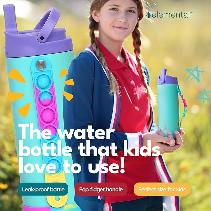 Elemental Iconic Kids Water Bottle with Straw Lid & Stress Relief Pop It Handle, Leak-Proof When Closed, Triple Insulated Kids Stainless Steel Water Bottle For Girls and Boys, 14oz - Blue Tie Dye - Bloomnest
