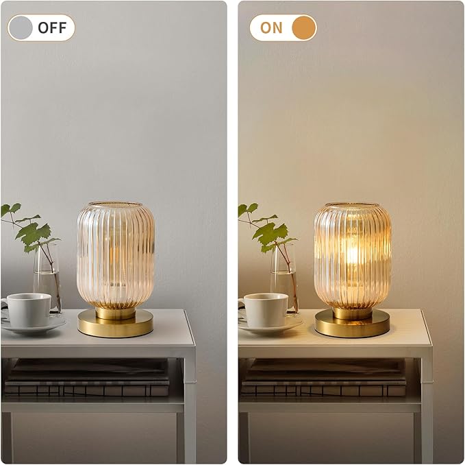 Glass Table Lamps Mid Century Modern Globe, Dimmable Amber Glass Table Lamp for Nightstand, Small Gold Table Lamp, Amber Pumpkin Design Ribbed Vintage Bedside Lamp for Bedroom Living Room Office - Bloomnest