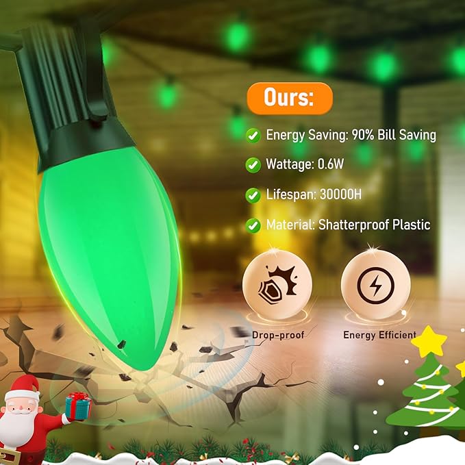 C7 Green LED Light Bulb,25 Pack 0.6w C7 Ceramic Replacement Christmas Lights with E12 Base,Green Outdoor Light Bulb for Chandelier Window Candle Christmas String Lights - Bloomnest