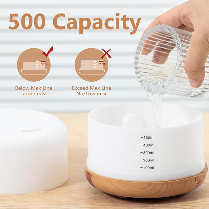 Oil Diffuser, 500ml Essential Oil Diffusers with 2 Mist Mode 4 Timers＆7 Ambient Light Waterless Auto Off, Diffusers Large Room Home Office