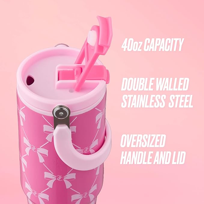 Juicy Couture Flip Fusion Hydration 40oz Stainless Steel Tumbler with Flip Handle, Pink Bows - Bloomnest