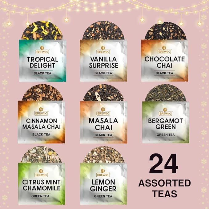 BREWIX, 2025 Advent Calendar Tea Bags | 24 Delightful Black & Green Tea Infusions in Pyramid Tea Bags - Holiday Gift Box | Christmas Gift Idea for Tea Lovers, Countdown Set | Holiday Variety Sampler for Tea Lovers - Bloomnest