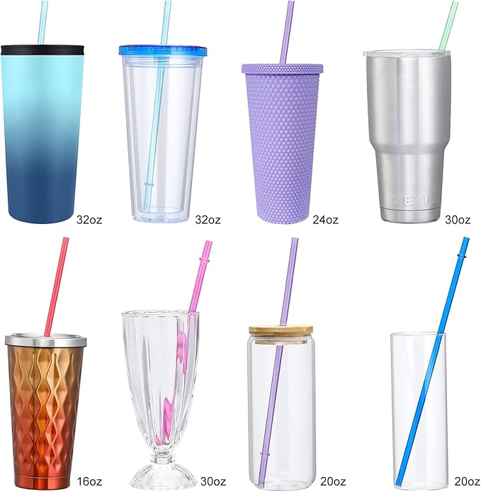 24 PCS, Reusable Straws with 4 Brushes, 10.5" Long Tritan Hard Plastic Straws, 12 Colors Translucent Replacement Drinking for 16OZ-32 OZ Tumblers, Cups, Jars, Stanley, YETI, Starbucks, BPA Free Bloomnest