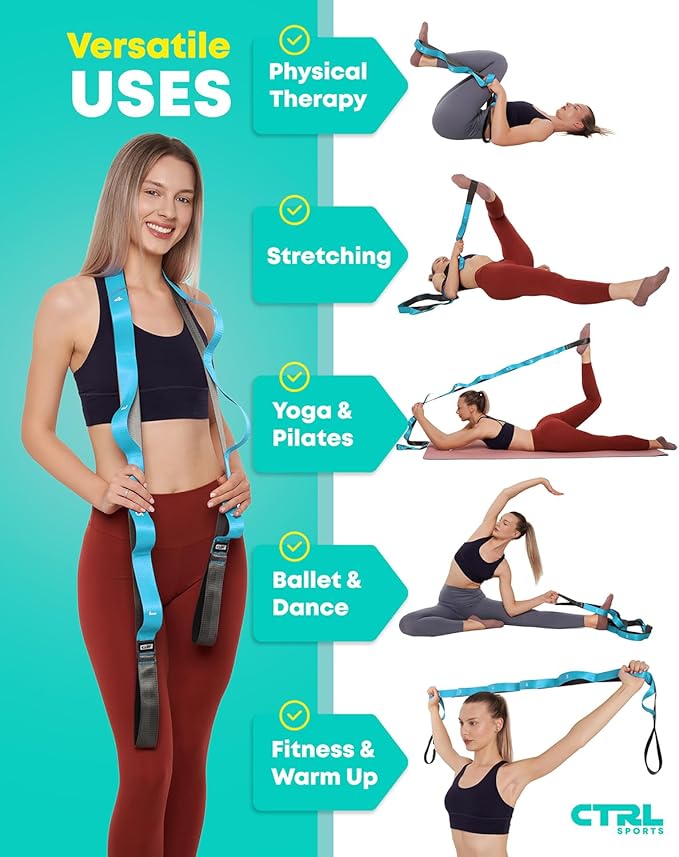 Stretching Strap with Loops - Non Elastic Stretch Band for Physical Therapy, Yoga Strap for Stretching Equipment, Stretch Bands for Exercise and Flexibility - Fascia, Hamstring & Leg Stretcher Belt - Bloomnest