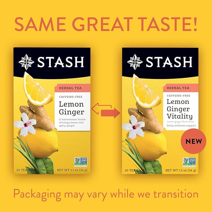 Stash Tea Lemon Ginger Vitality Herbal Tea - Naturally Caffeine Free, Non-GMO Project Verified Premium Tea with No Artificial Ingredients, 20 Count (Pack of 6) - 120 Bags Total - Bloomnest