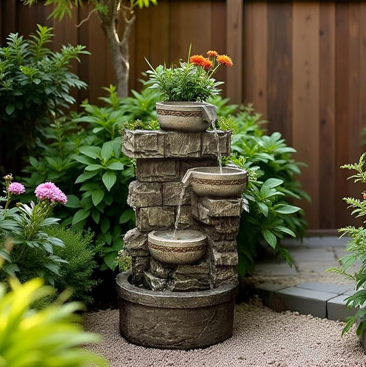 Water Fountian Outdoor - 3 Tiered Bowls Floor Stacked Stone Pump Waterfall Fountain,Provide Flowing Water Feature for Outside Garden,Backyard,Lawn,27 Inch Tall - Bloomnest