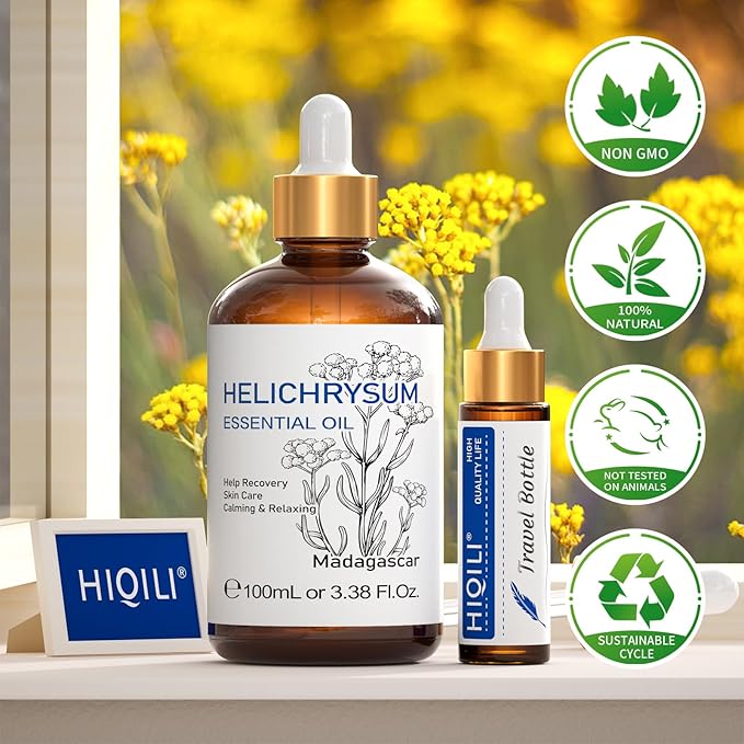 HIQILI Helichrysum Essential Oil for Skin Nourish, Undiluted & Natural, Relieve Fatigue in Body Massage, Reduce Fine Line and Wrinkle, Aromatherapy Diffuser, DIY Floral Scented Gift -100ML - Bloomnest
