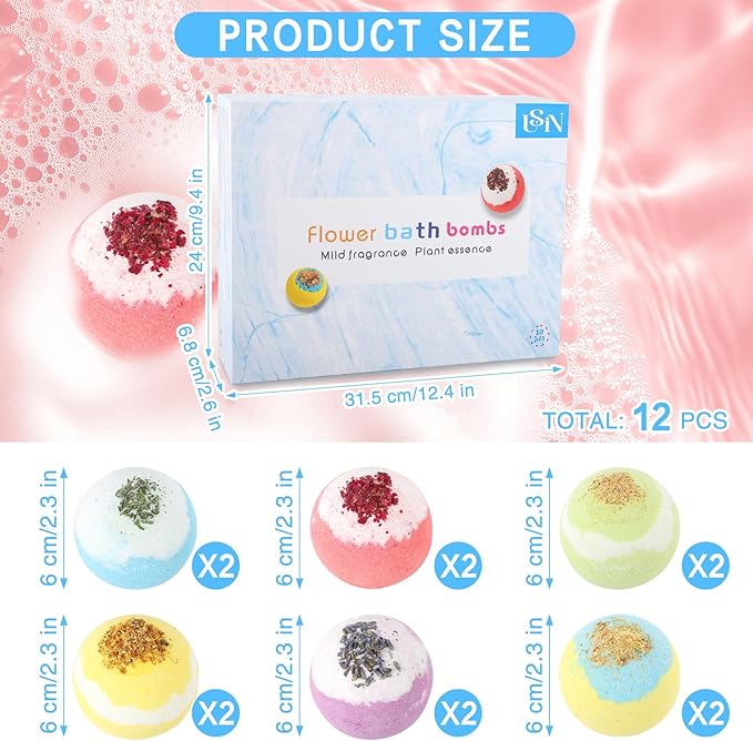 Bath Bombs for Women, USIN Natural Bubble Bath Balls Gift Set, Pack of 12 Pcs Multiple Bath Bomb, SPA Relaxing, Self Care, Gifts for Women, Men, Girls, Boys, Natural Flower Petals, 3.53 Oz Large Size - Bloomnest