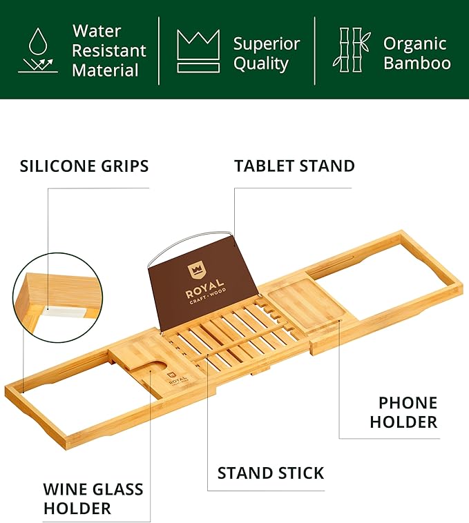 ROYAL CRAFT WOOD Premium Foldable Bathtub Tray Caddy - Wood Bath Tray for Tub, Bamboo Shelf, Expandable Bath Table Trays, Bathtub & Bathroom Accessories for New Home & Mothers, Birthday Gifts for Mom - Bloomnest