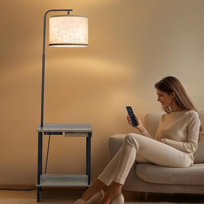 Floor Lamp with Table & Drawers, End Table Lamp with USB Charging Portt Power Outlet and Shelves, Side Table Reading Light with 3 Color Temperature Led Bulb Included for Living Room, Gray - Bloomnest