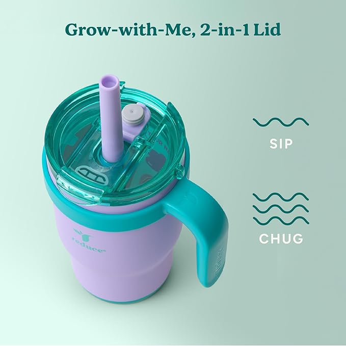REDUCE 14 Oz Coldee Kids Tumbler with Lid and Straw - Coldee Insulated Travel Mug - Spill-Proof, Sweatproof Stainless Steel, BPA-Free - Includes Handle, Reusable Silicone Straw - Purple Mermaid - Bloomnest