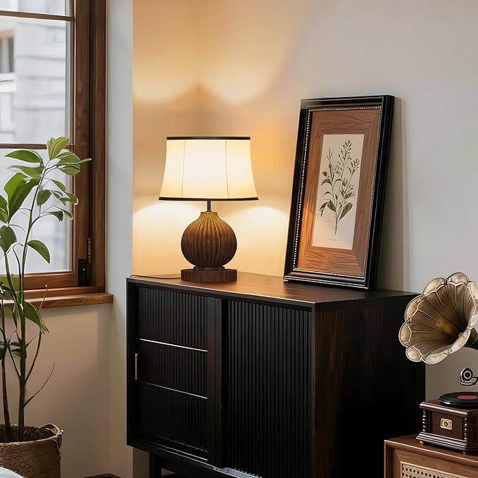 JESLED 18" Vintage Walnut Wooden Table Lamp for Living Room,Farmhouse Rustic Bedside Lamp for Bedroom Room,Office, End Table Home Decor - Bloomnest