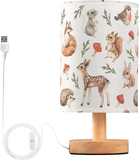 Table Lamp Squirrel Mouse Fawn Fox Hare Hedgehog Bird Mushroom Forest Animal Nightstand Lamp with Wood Base Fabric Lamp Shade Bedside Desk Lamp for Living Room Bedroom Kids Room Office - Bloomnest